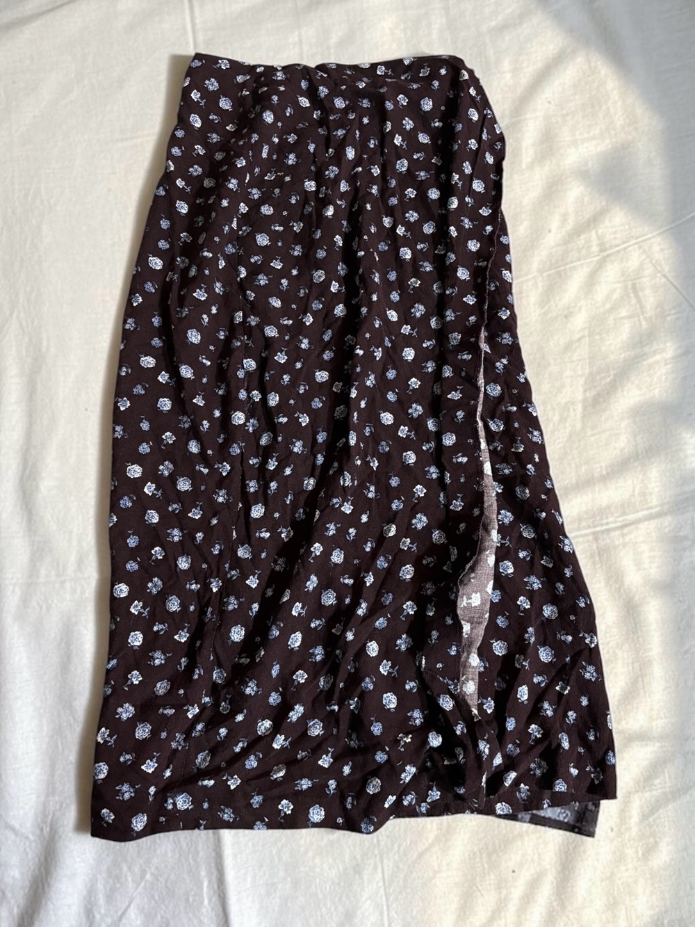 Vintage 90s Early 2000s Exact Change Brown Blue Floral Rayon Midi Wrap Skirt S